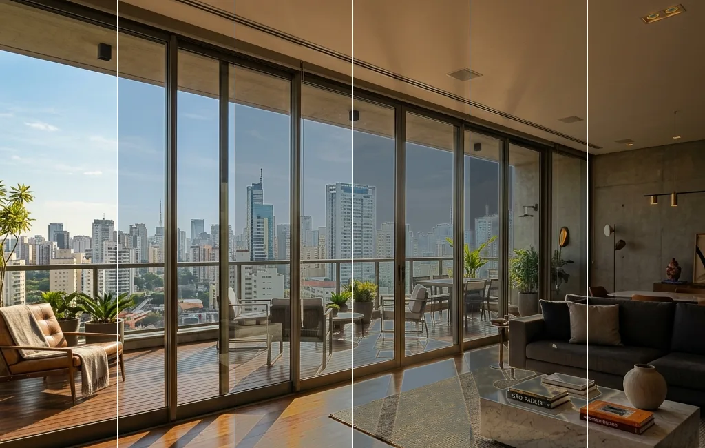 Comparativo de claridade de insulfilm de controle térmico arquitetônico residencial e comercial